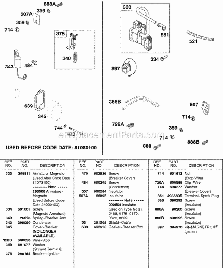 Ignition Breaker Magneto Armature Diagram and Parts List for  Briggs and Stratton Engine
